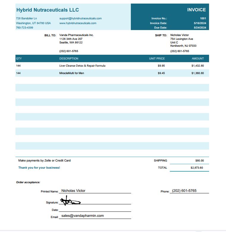 Vanda Pharma Invoice 1001