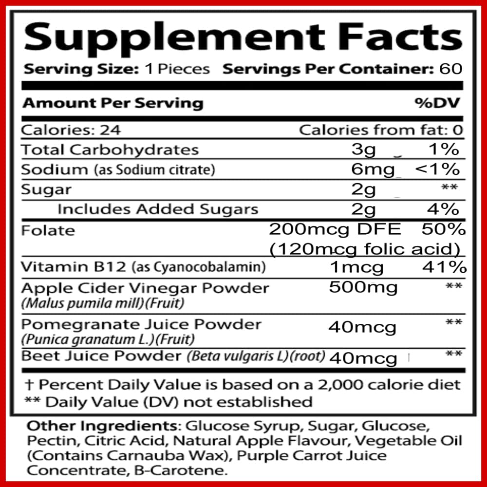 Pure Apple Cider Vinegar Gummies with Vitamins B-9, B-12, Pomegranate Juice, Beet Root Juice