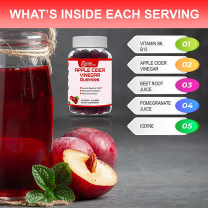 Pure Apple Cider Vinegar Gummies with Vitamins B-9, B-12, Pomegranate Juice, Beet Root Juice