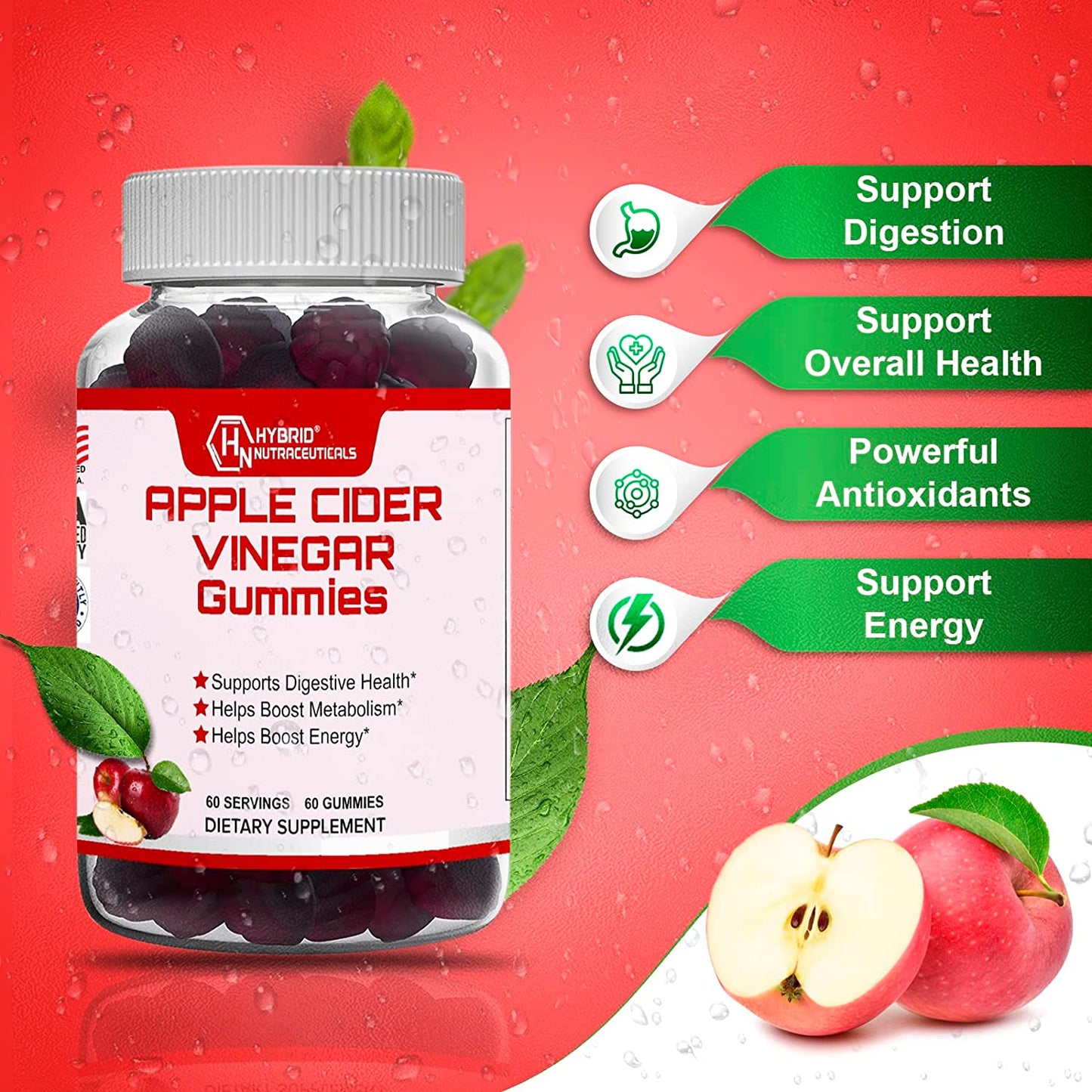 Pure Apple Cider Vinegar Gummies with Vitamins B-9, B-12, Pomegranate Juice, Beet Root Juice